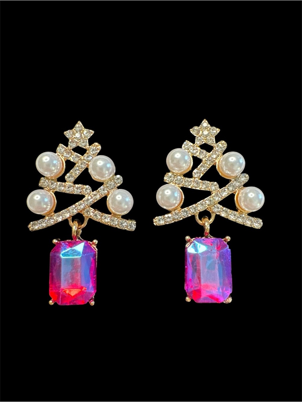 Gold Pearl & Fuchsia Crystal Drop Earrings - Women Jewelry